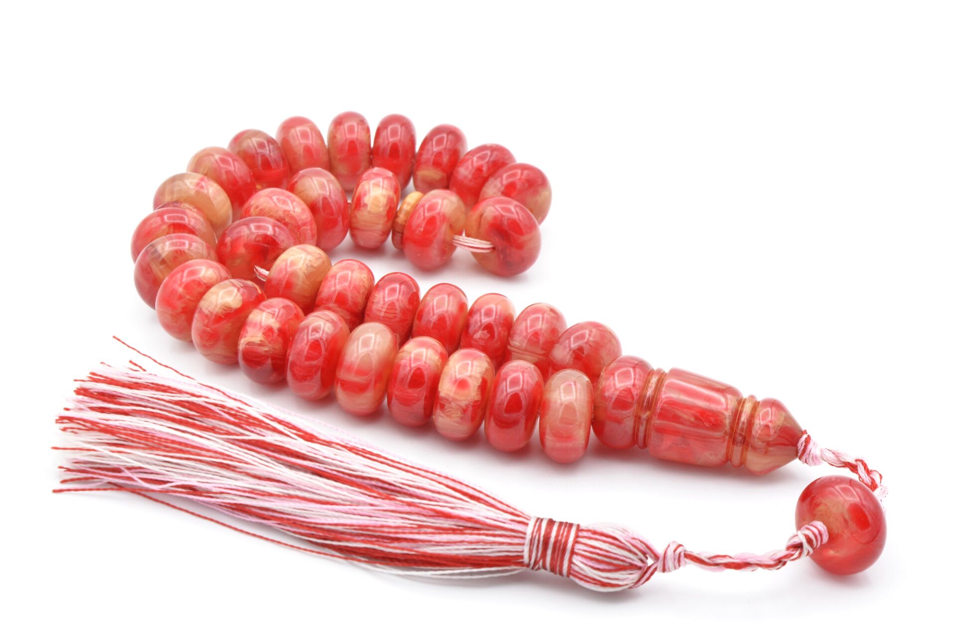 Zeyn Usta İşi Basık Model Kırmızı Beyaz Katalin Tesbih 007