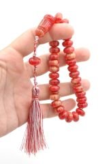 Zeyn Usta İşi Basık Model Kırmızı Beyaz Katalin Tesbih 007