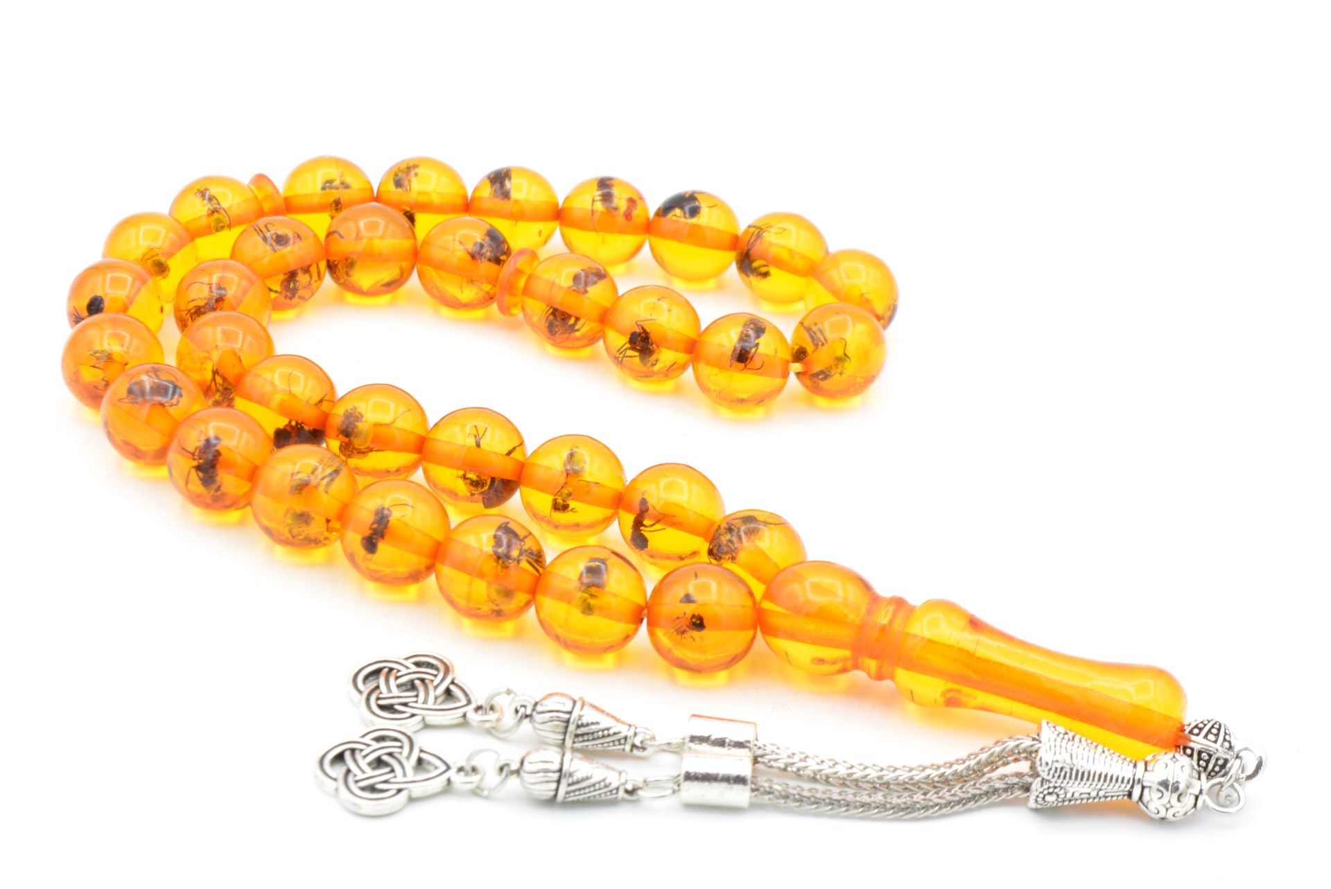 Küre Kesim Turuncu Karınca Fosilli Toz Kehribar Tesbih 12 Mm