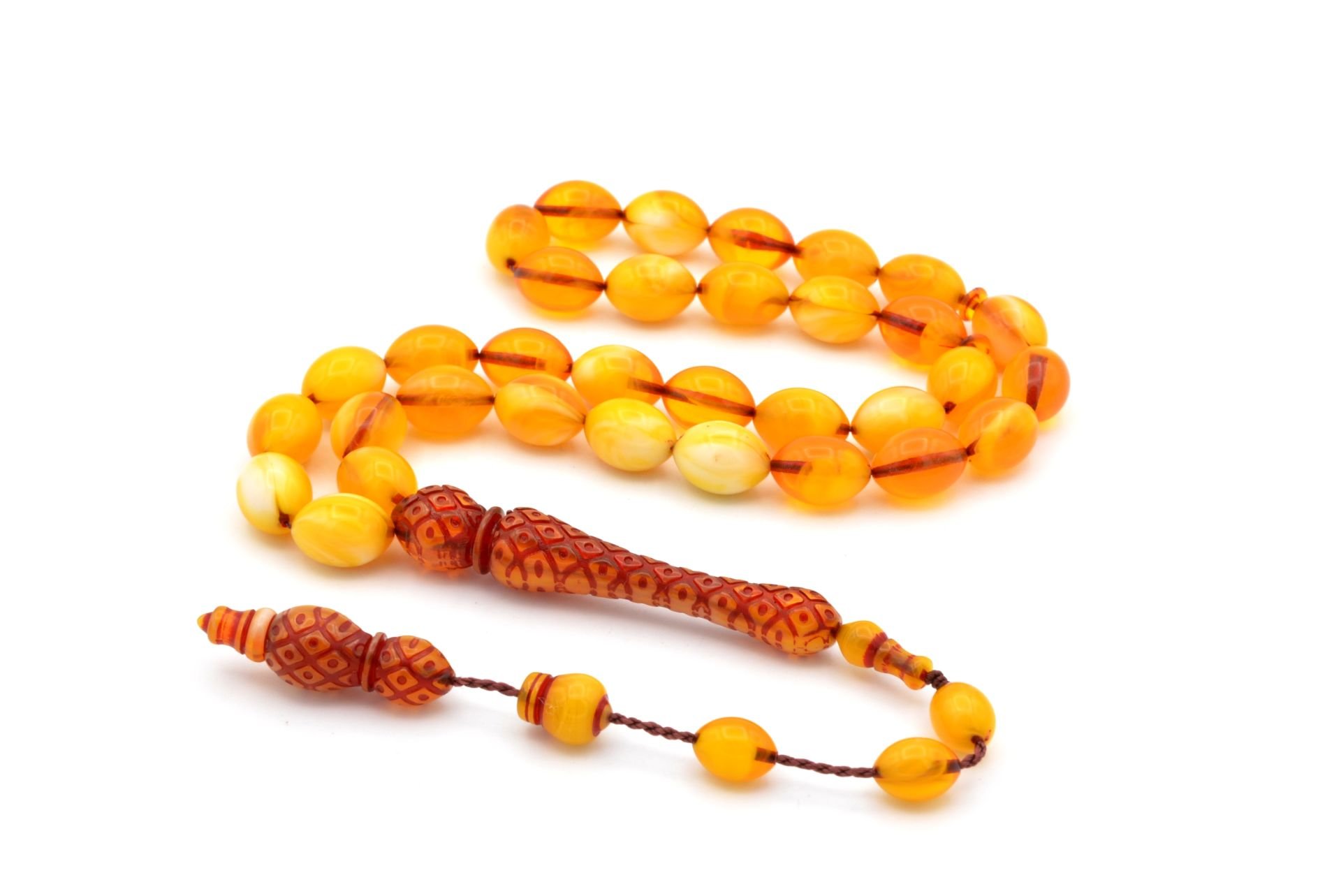 Usta Işi Arpa Kesim Hareli Turuncu Toz Pres Kehribar Tesbih Iri Boy 002