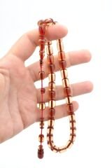 Hakkı Usta İmzalı Kapsül Kesim Şeffaf Kırmızı Sıkma Kehribar Tesbih