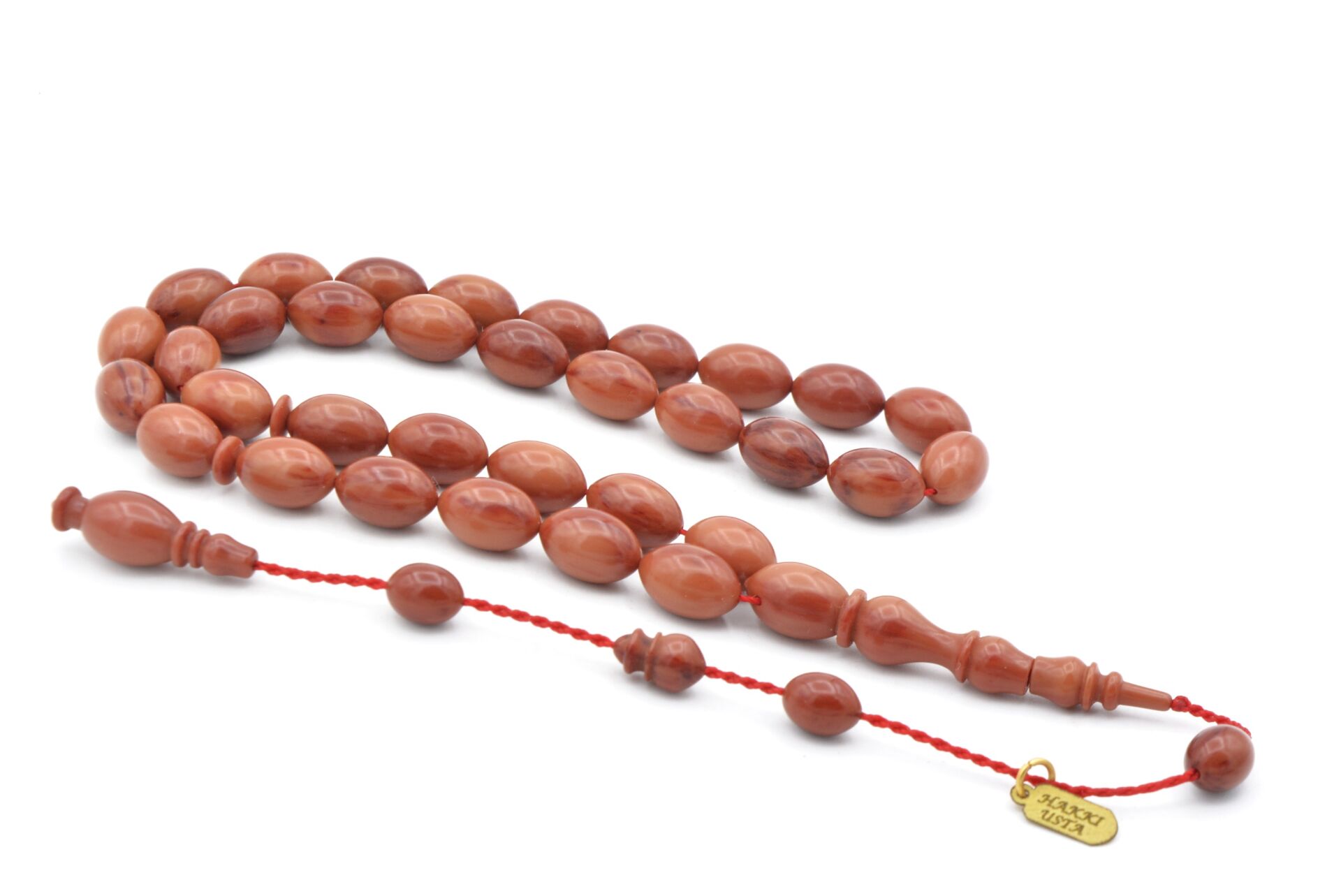 Hakkı Usta İmzalı Beyzi Kesim Hareli Turuncu Sıkma Kehribar Tesbih Bilek Boy