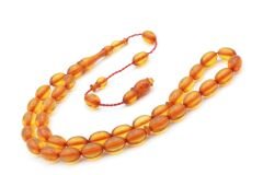 Hakkı Usta İmzalı Beyzi Kesim Şeffaf Bej Sıkma Kehribar Tesbih Bilek Boy