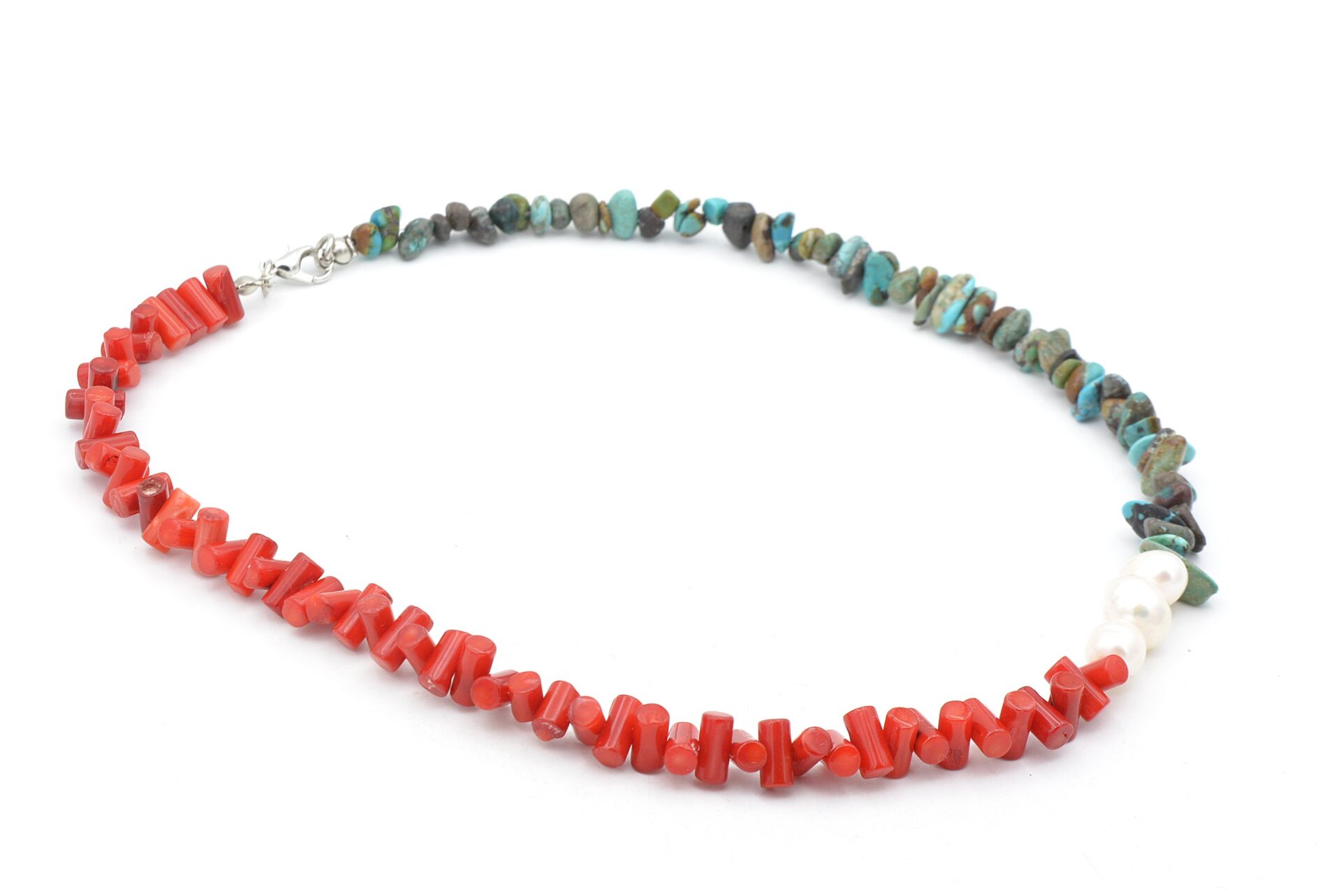 Choker Model Doğal Kırmızı Mercan Turkuaz ve İnci Kolye