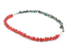 Choker Model Doğal Kırmızı Mercan Turkuaz ve İnci Kolye