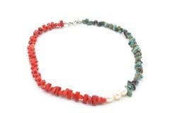 Choker Model Doğal Kırmızı Mercan Turkuaz ve İnci Kolye