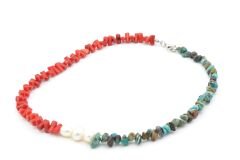 Choker Model Doğal Kırmızı Mercan Turkuaz ve İnci Kolye