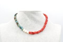 Choker Model Doğal Kırmızı Mercan Turkuaz ve İnci Kolye