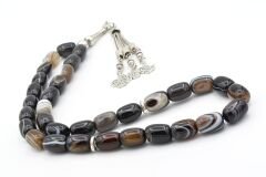 Hakiki Doğal Kapsül Kesim Çizgili Siyah Akik Tesbih 1.Kalite Doğal Taş