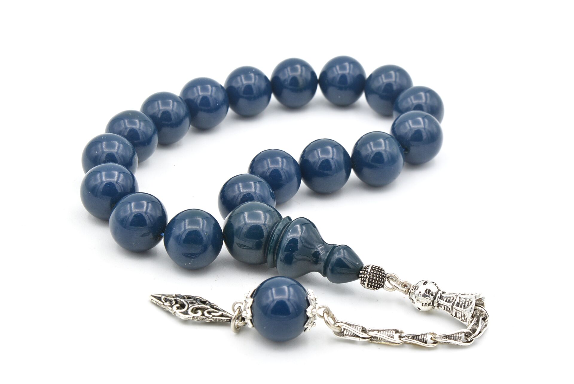 Gümüş Kaplama Kamçılı Küre Kesim Lacivert Sıkma Kehribar Efe Maskot Tesbih