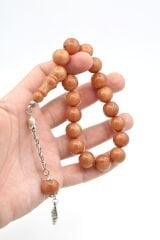 Gümüş Kaplama Kamçılı Küre Kesim Bej Sıkma Kehribar Efe Maskot Tesbih