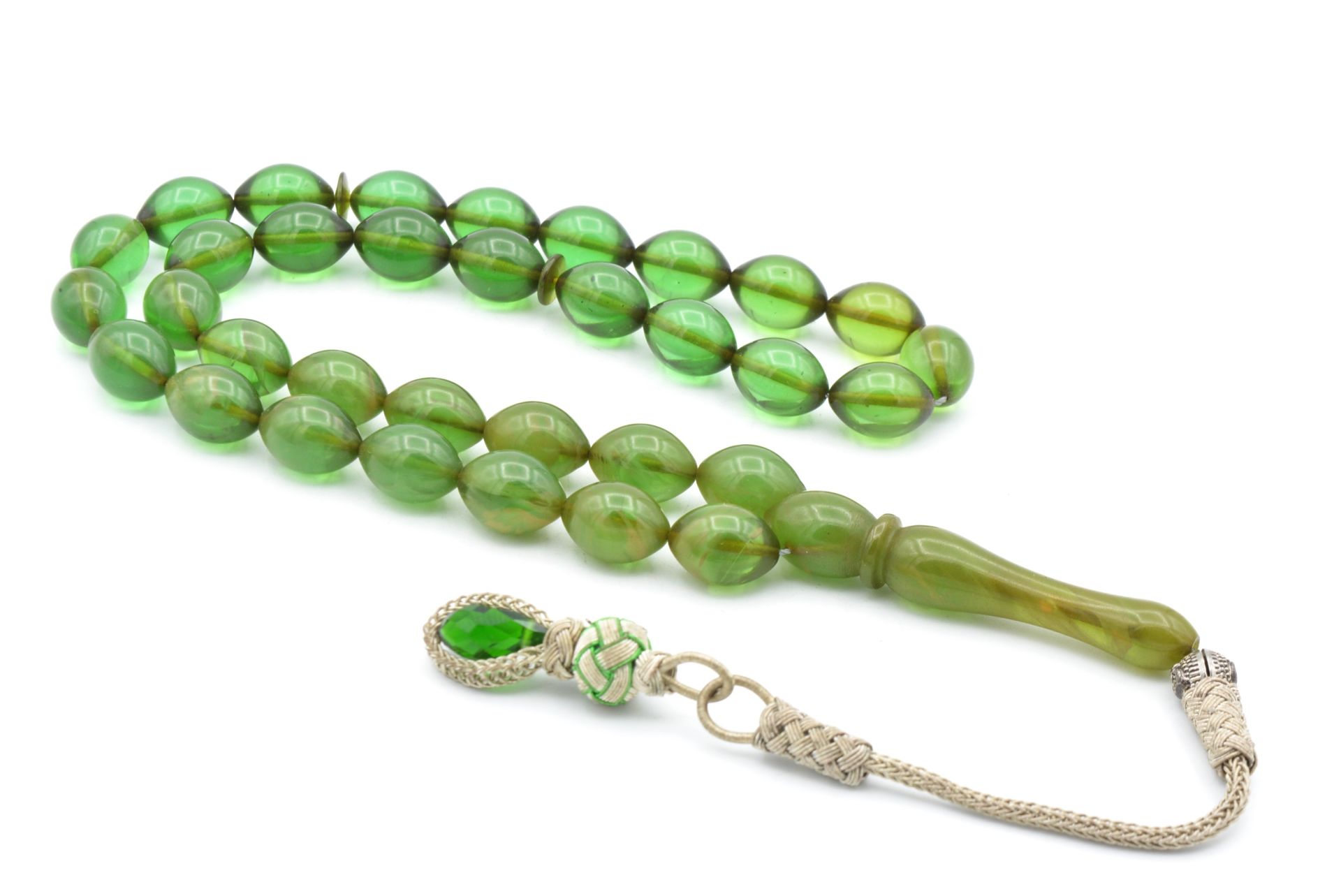 Kazaz Kamçılı Beyzi Kesim İri Boy Yeşil Sıkma Kehribar Tesbih