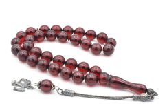 Gümüş Kamçılı Küre Kesim Koyu Kırmızı Sıkma Kehribar Tesbih