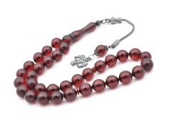 Gümüş Kamçılı Küre Kesim Koyu Kırmızı Sıkma Kehribar Tesbih