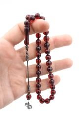 Gümüş Kamçılı Küre Kesim Koyu Kırmızı Sıkma Kehribar Tesbih