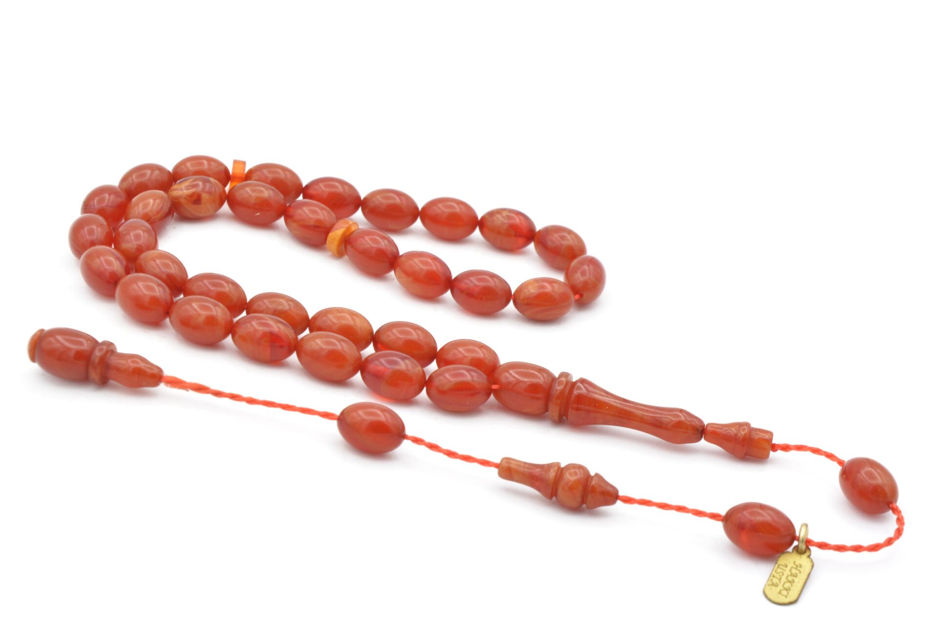 Hakkı Usta İmzalı Beyzi Kesim Bilek Boy Hareli Turuncu Sıkma Kehribar Tesbih