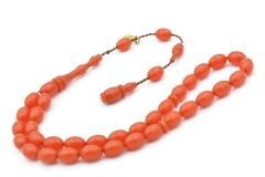 Hakkı Usta İmzalı Beyzi Kesim Bilek Boy Pembe Sıkma Kehribar Tesbih