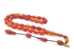 Hakkı Usta İmzalı Beyzi Kesim Bilek Boy Hareli Pembe Sıkma Kehribar Tesbih