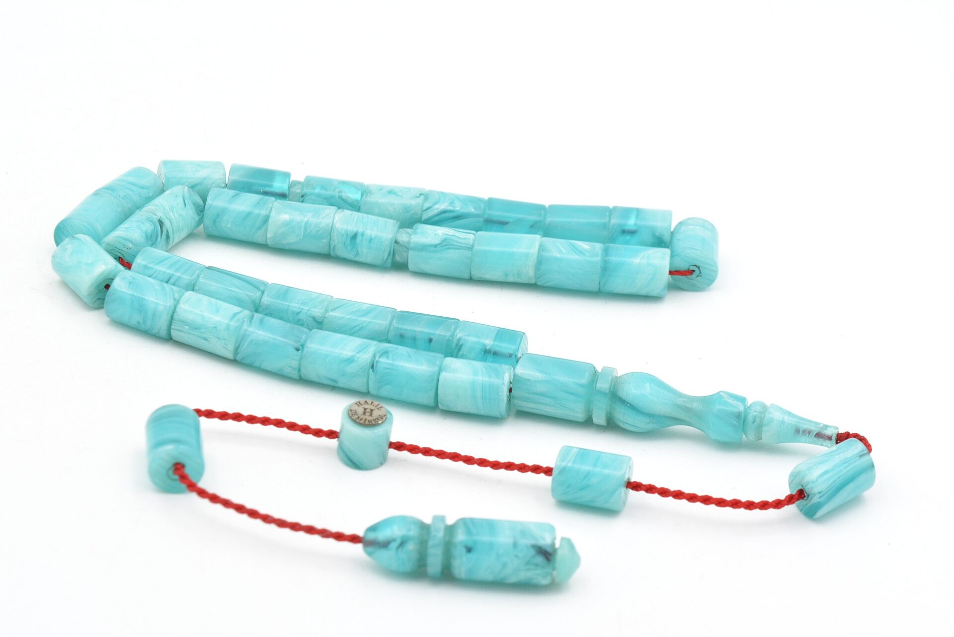Halil Usta İmzalı Kesme Model Bilek Boy Hareli Turkuaz Sıkma Kehribar Tesbih