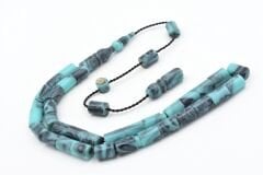 Halil Usta İmzalı Kesme Model Bilek Boy Turkuaz Gri Sıkma Kehribar Tesbih