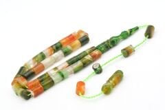 Halil Usta İmzalı Kesme Model Bilek Boy Turuncu Yeşil Sıkma Kehribar Tesbih