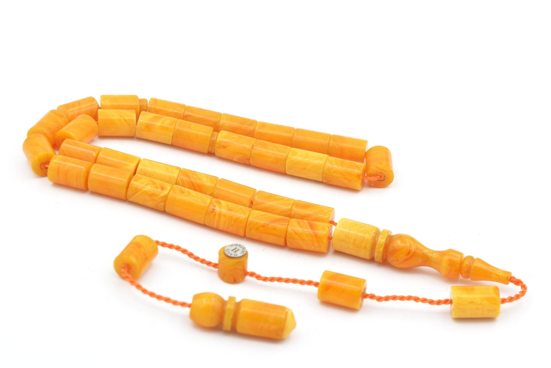 Halil Usta İmzalı Kesme Model Bilek Boy Hareli Turuncu Sıkma Kehribar Tesbih