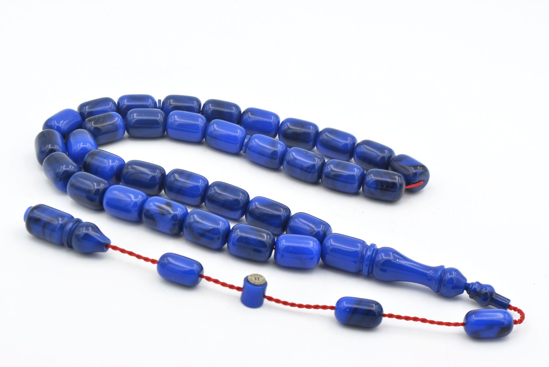 Halil Usta İmzalı Fıçı Model İri Boy Hareli Lacivert Sıkma Kehribar Tesbih