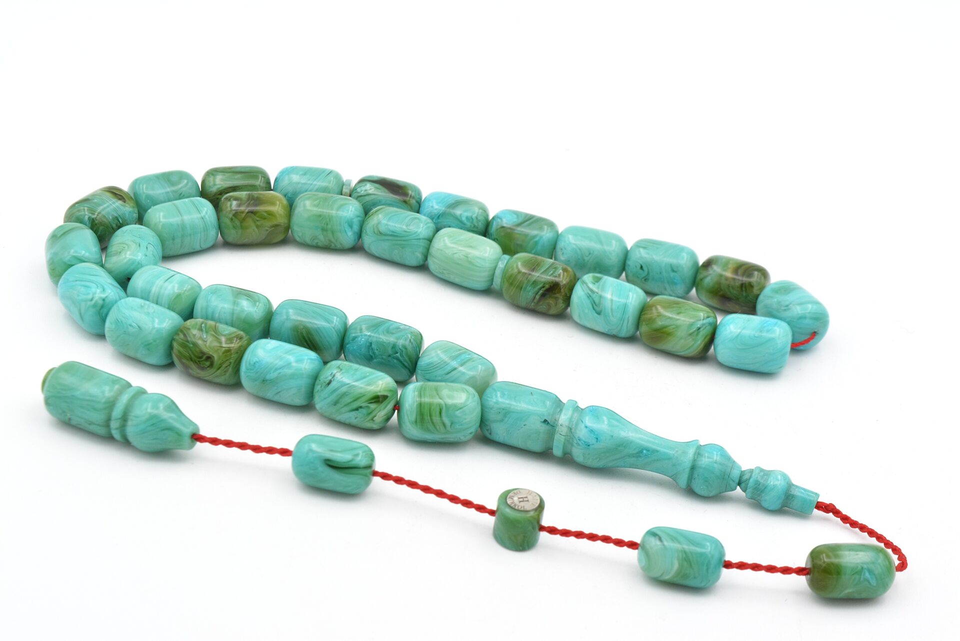 Halil Usta İmzalı Fıçı Model İri Boy Turkuaz Yeşil Sıkma Kehribar Tesbih