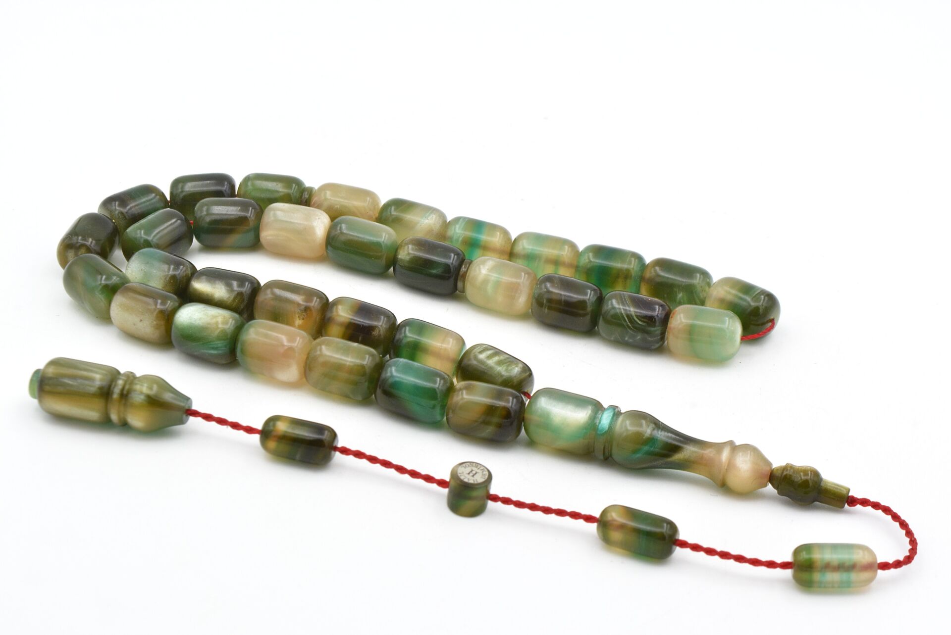 Halil Usta İmzalı Fıçı Model İri Boy Sedefli Yeşil Sıkma Kehribar Tesbih