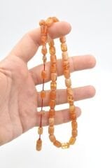 Halil Usta İmzalı Fıçı Model İri Boy Hareli Turuncu Sıkma Kehribar Tesbih