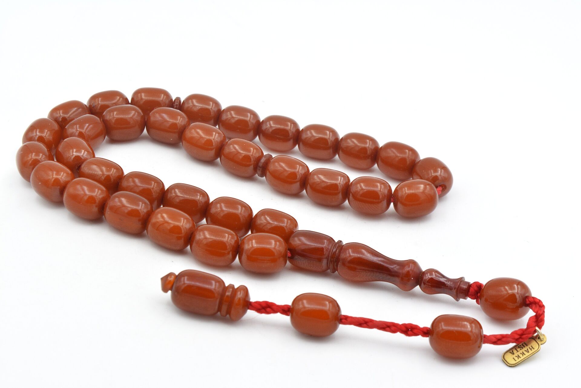 Hakkı Usta İmzalı Fıçı Kesim İri Boy Koyu Turuncu Sıkma Kehribar Tesbih