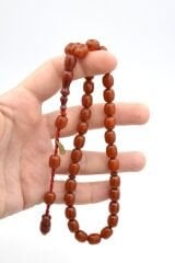 Hakkı Usta İmzalı Fıçı Kesim İri Boy Koyu Turuncu Sıkma Kehribar Tesbih