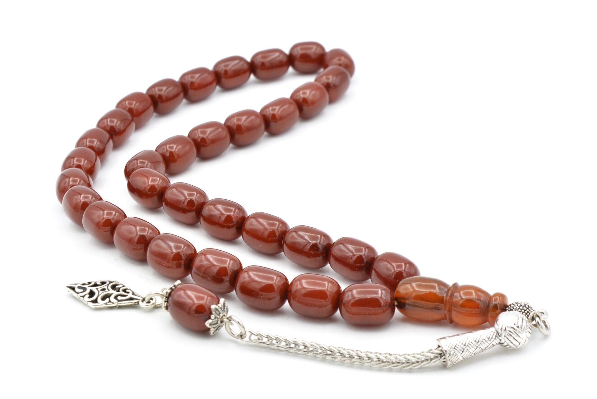 Tilki Kuyruğu Kamçılı Kapsül Kesim İmamesi Tıraşlı Koyu Turuncu Sıkma Kehribar Tesbih