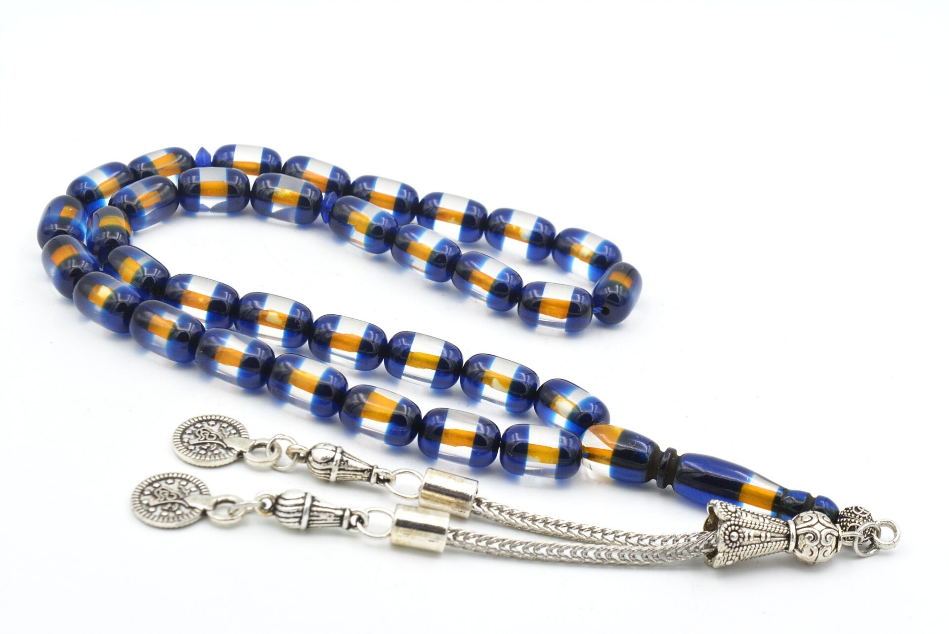 Kapsül Kesim Günlük Boy Sarı Lacivert Sürmeli Sıkma Kehribar Tesbih