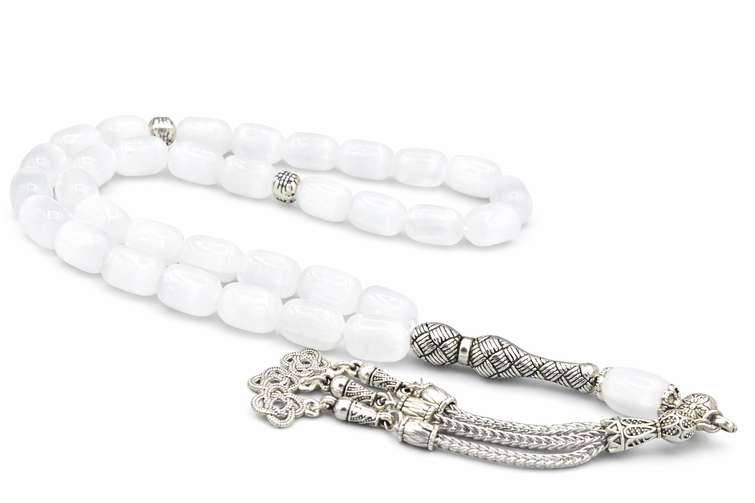 Gümüş Kaplama Püsküllü Kapsül Kesim İri Boy Selenit Taşı Tesbih