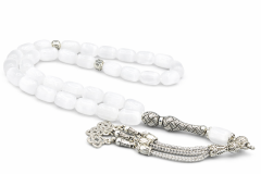 Gümüş Kaplama Püsküllü Kapsül Kesim İri Boy Selenit Taşı Tesbih