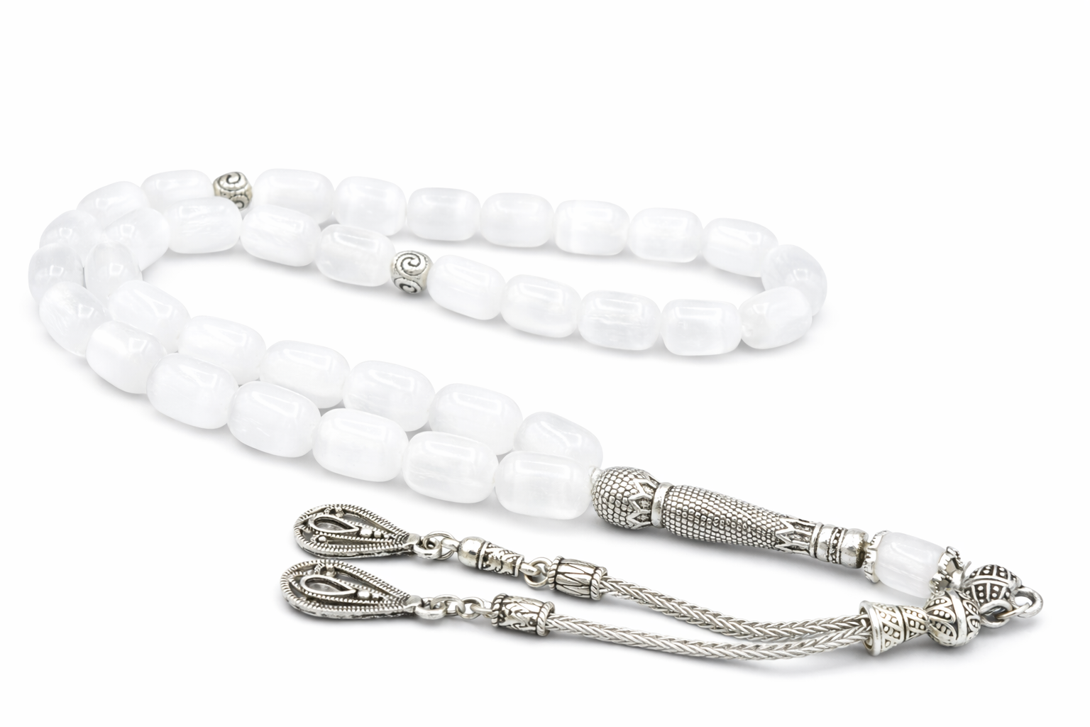 Gümüş Kaplama Püsküllü Kapsül Kesim Günlük Boy Selenit Taşı Tesbih