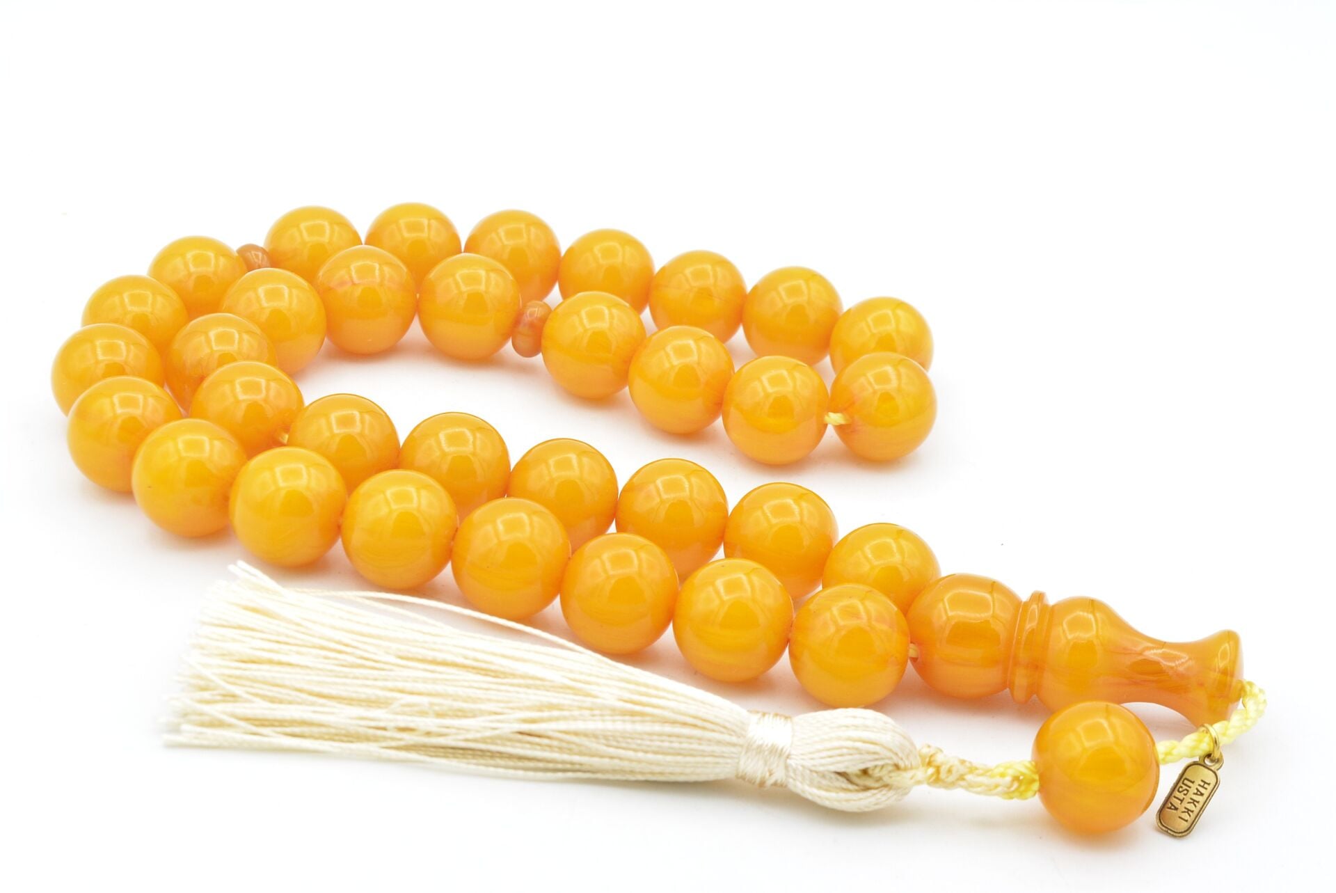 Hakkı Usta İmzalı Küre Kesim Dev Boy Hareli Sarı Sıkma Kehribar Tesbih