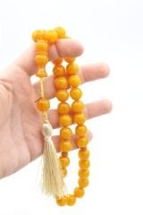 Hakkı Usta İmzalı Küre Kesim Dev Boy Hareli Sarı Sıkma Kehribar Tesbih