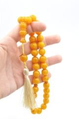 Hakkı Usta İmzalı Küre Kesim Dev Boy Hareli Sarı Sıkma Kehribar Tesbih