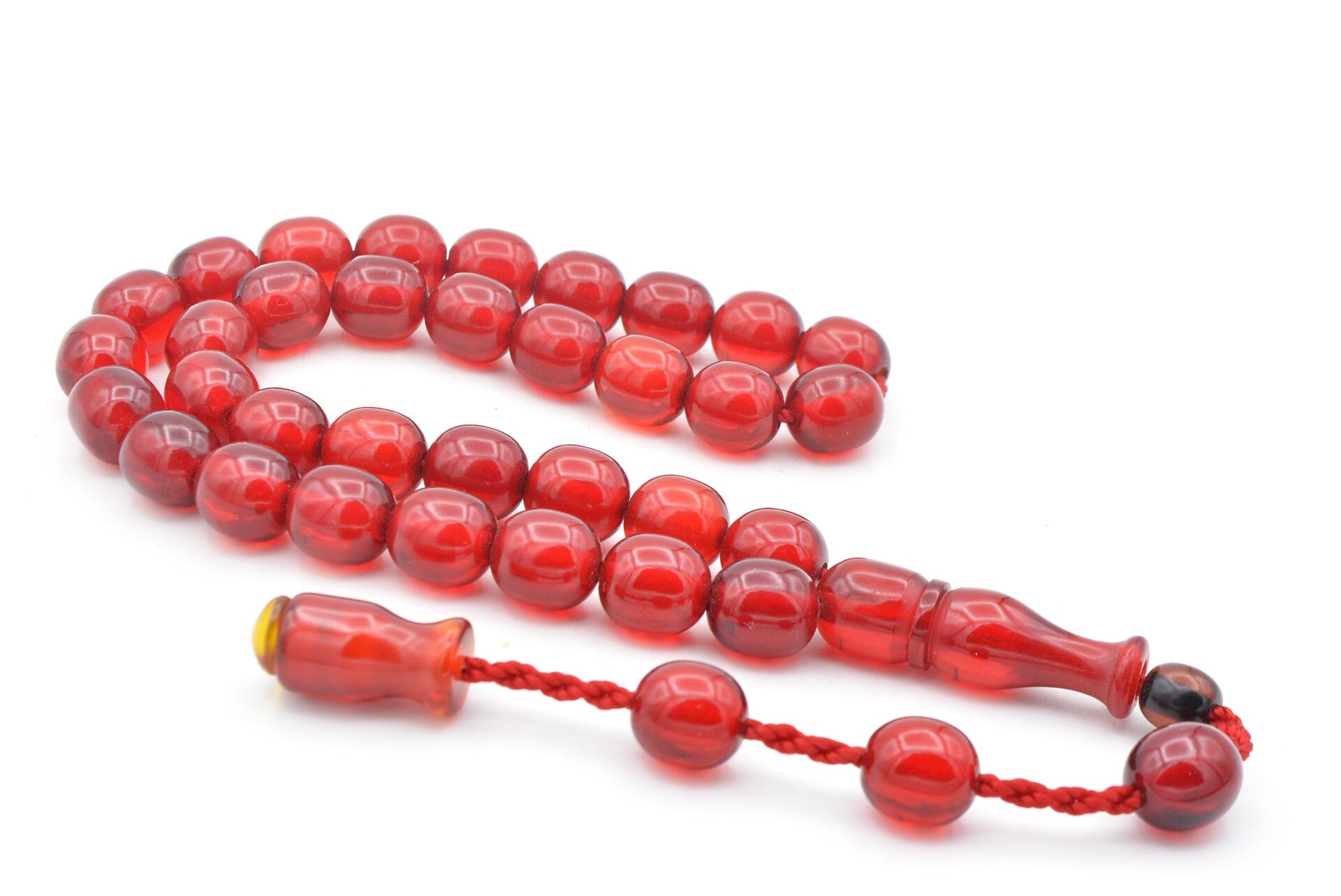 Sistemli Fıçı Kesim Kırmızı Sıkma Kehribar Tesbih