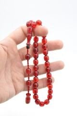 Sistemli Fıçı Kesim Kırmızı Sıkma Kehribar Tesbih