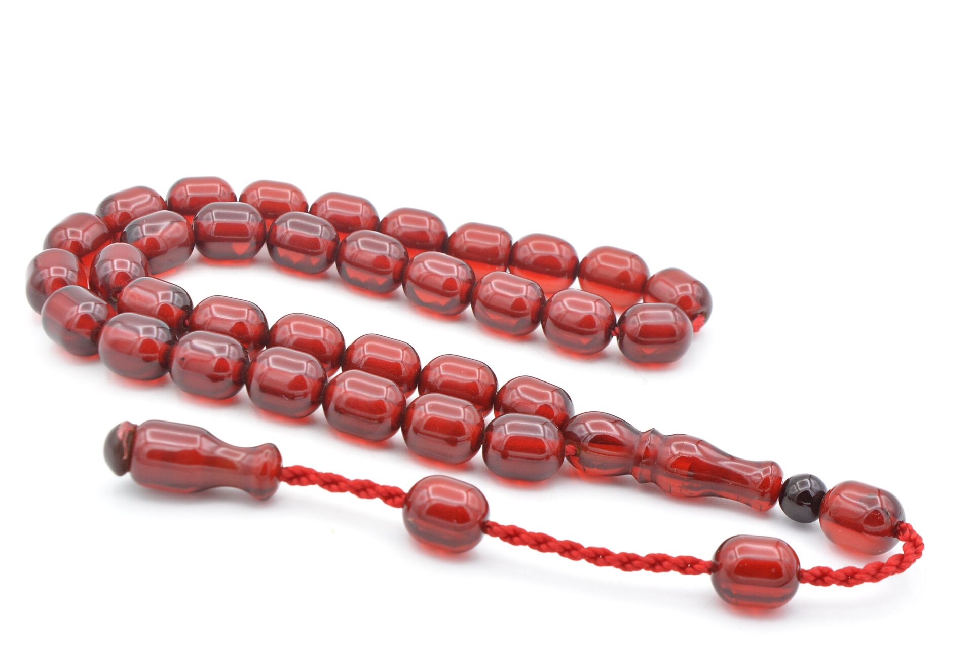 Sistemli Fıçı Kesim Koyu Kırmızı Sıkma Kehribar Tesbih