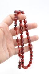 Sistemli Fıçı Kesim Koyu Kırmızı Sıkma Kehribar Tesbih