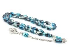 Gümüş Kaplama Kamçılı Badem Kesim Mavi Sıkma Kehribar Tesbih