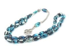 Gümüş Kaplama Kamçılı Badem Kesim Mavi Sıkma Kehribar Tesbih