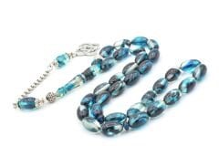 Gümüş Kaplama Kamçılı Badem Kesim Mavi Sıkma Kehribar Tesbih