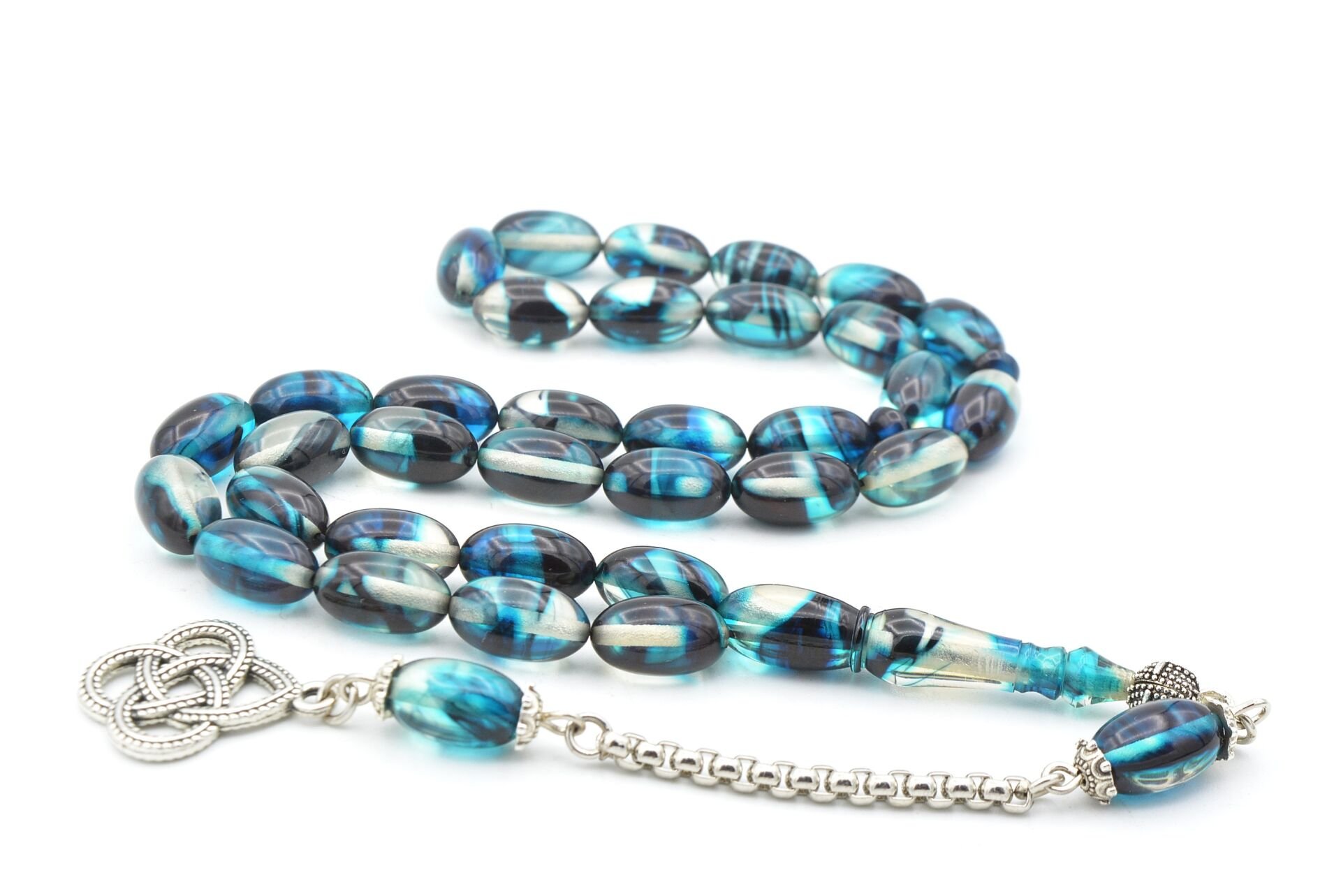 Gümüş Kaplama Kamçılı Badem Kesim Mavi Sıkma Kehribar Tesbih