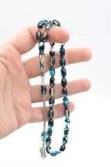 Gümüş Kaplama Kamçılı Badem Kesim Mavi Sıkma Kehribar Tesbih