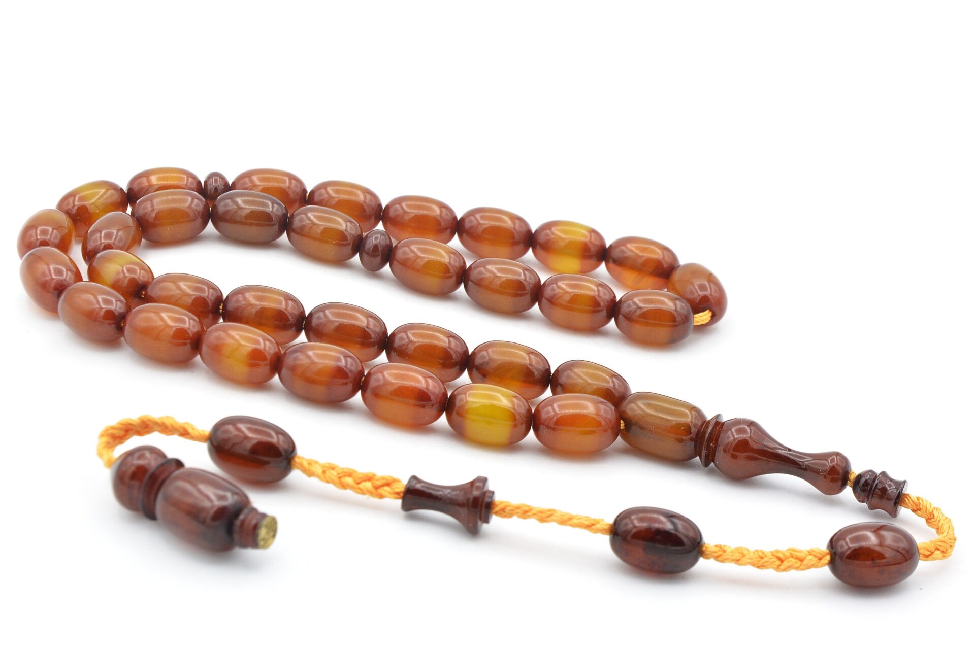 İsa Balkaya İmzalı Fıçı Kesim Kahverengi Sürmeli Sıkma Kehribar Tesbih